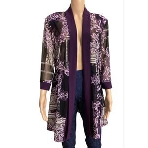 R&M Richards Purple Floral Sheer Cardigan Jacket Open Front Duster Womens sz 16